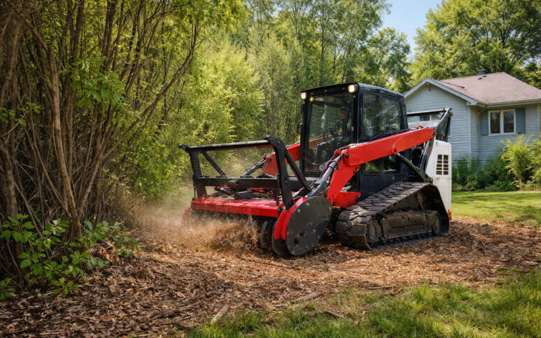 Forestry mulching safely clearing overgrown brush in a residential backyard