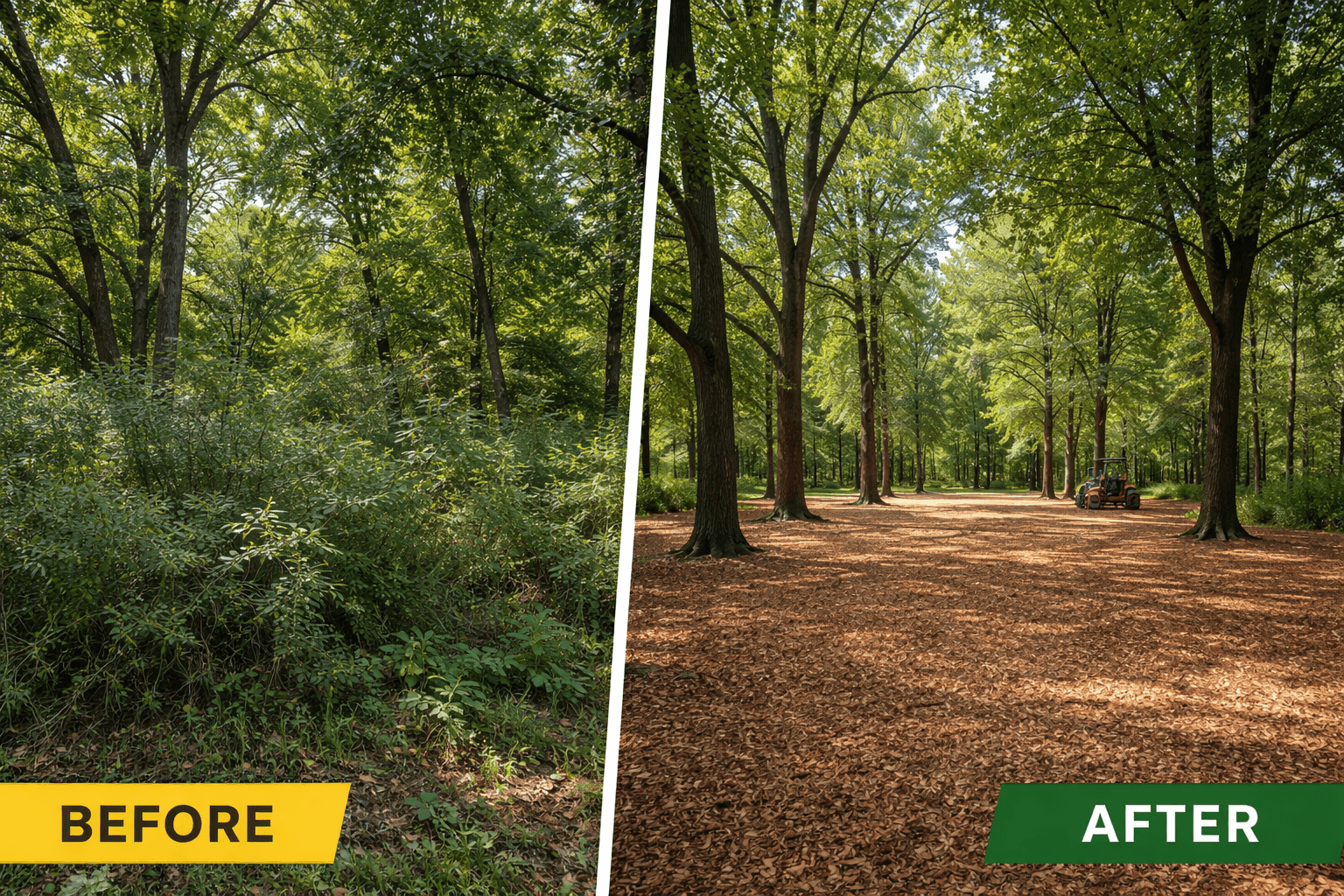 Before and after forestry mulching on large Chicagoland acreage showing invasive brush removal and clean mulch layer beneath mature hardwood trees