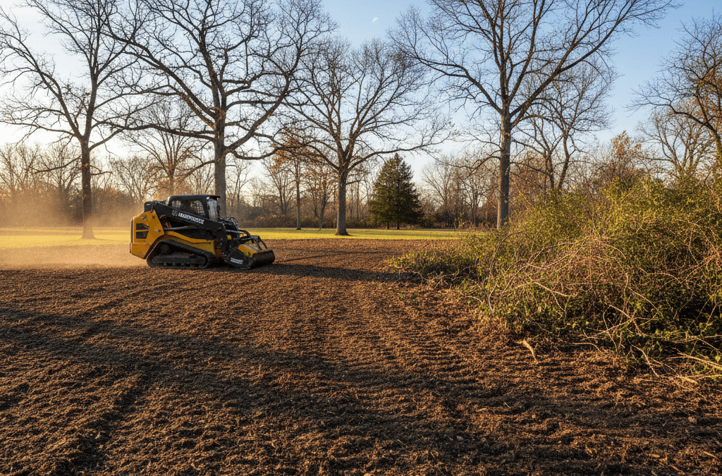 Forestry mulching on 10-acre estate in Chicagoland creating clean, park-like finish beneath mature trees