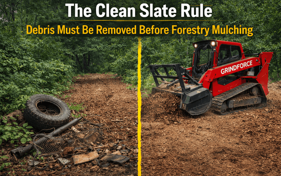 Forestry mulching skid steer clearing brush on debris-free property in Chicagoland