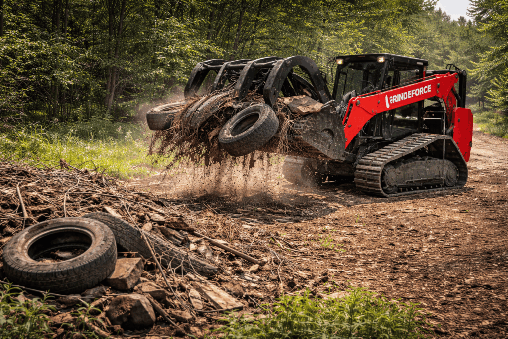 Root grapple extracting debris before mulching